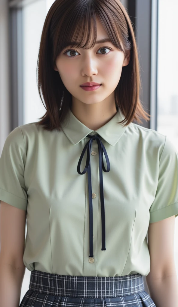 (ultra detailed, CG, unit, 8k quality photo), (masterpiece), (realistic), (photorealistic: 1.2), (raw photo: 1.2), (best quality: 1.2), (detailed face: 1.4), (beautiful detailed eyes: 1.2), (detailed hair), light on the face, huge file size, cinematic lighting, 1 woman, short hair, bangs, blonde hair, (green eyes: 1.5), headband, a side up, bob cut, perfect body, BREAK (shirt, long sleeves, dress, ribbon, white shirt, collared shirt, belt, neck ribbon, red dress, blue ribbon, pleated dress, gray dress, two-tone dress, belt red, lycoris uniform: 1.1)