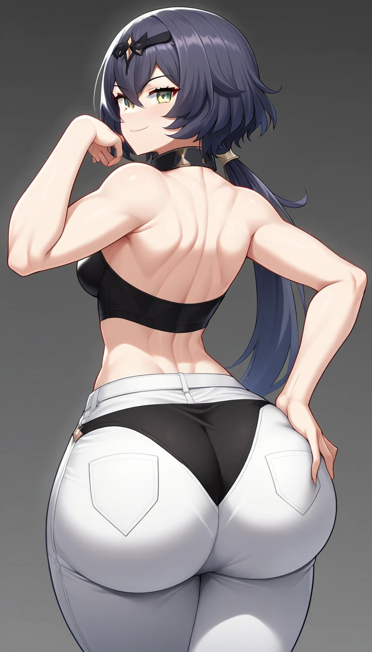 kochou shinobu, 1 girl, alone,  ((image from behind)), SITTING, full body dress, black tight dress, black pants, THICC ASS, multicolored hair, hair clips, butterfly,  belt, ((best quality)), ((very detailed)), masterpiece, absurdities, 1woman,bright face, narrow waist, thicc hips, wide thighs, HAPPY, SMILING