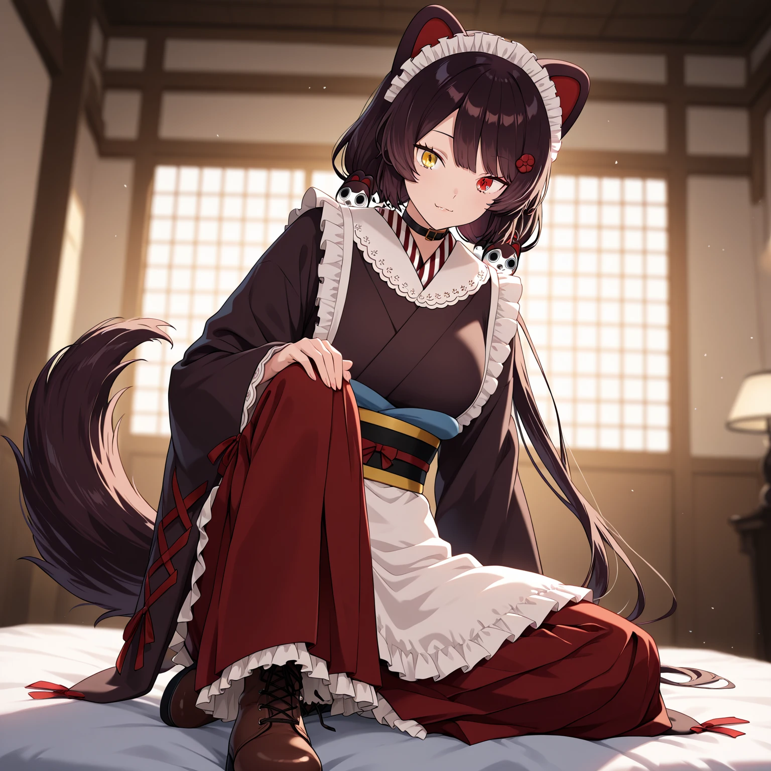 Highest quality, masterpiece, detailed, One person,small,cute,blush,smile,Chemise dress,Long Hair,Cat ear,(Fox tail),sitting on a futon, Cowgirl, From below, Cowboy Shot, ((Japanese-style room)), (darkness), Perfect Legs,barefoot