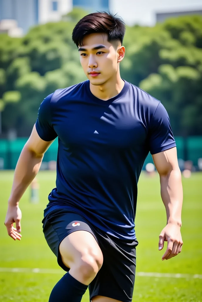 1 handsome Japanese guy, manly,tall, 20 years old,strong sport body, detailed muscles, Who is Shi Yu?, Li Yuanbin, Kim Hyung Tae, Kim Hyung Tae,,Kim Hyung Tae, Yin Shishan, man wearing a blue shirt and shorts, naked chest, big chest abs, navy blue, navy blue, Sports T-shirt, blue, sportswear, loincloth, Gorgeous dark blue clothes,, short sleeves, Gold brocade dark blue clothes, Tennis wear, Wearing skiny sportswear, big bulge, nice bulge shape,big juicy butts, Dark blue decorative clothing,male,male,Highest resolution,Muscles look good,hairy body,Wheat complexion,blue eyes(thin eyes 1:3),whole body image, liblary background, detailed background, beautyfull clear day light, look at the viewer , catching eyes, smirt smile,