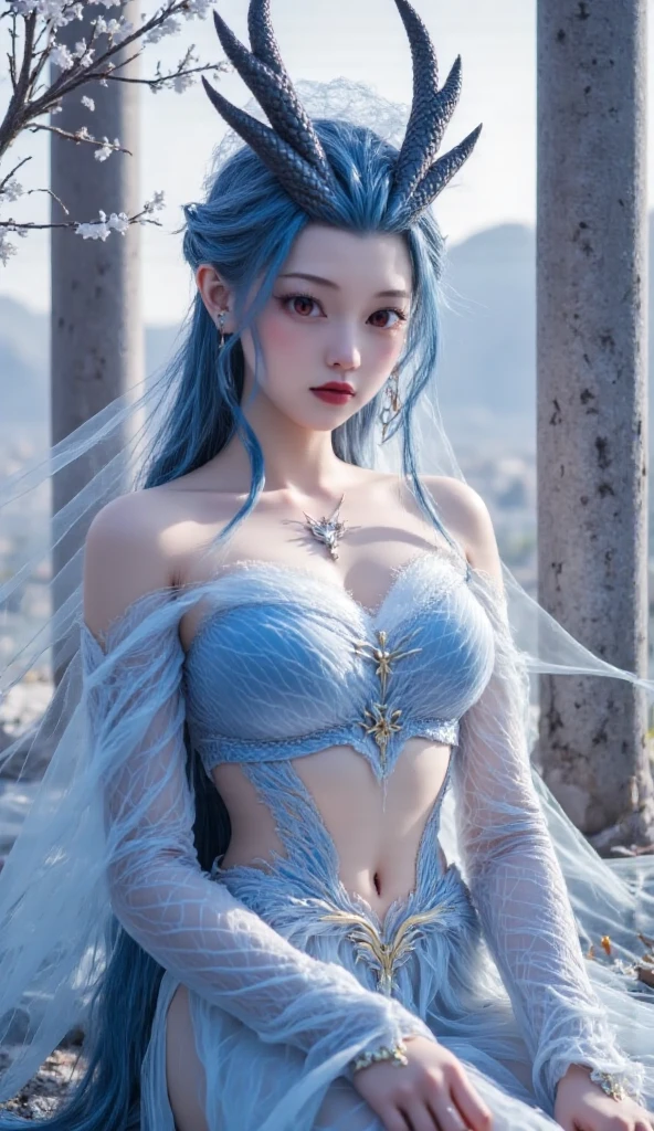 A gorgeous photo of a blue-haired angel in a translucent blue dress, sitting on a rock by the sea. Her face is flawless and radiant, with captivating eyes and a sweet smile. Her hair flows down her shoulders, framing her lovely features. Her dress flutters in the breeze and shows off her figure, creating a contrast with the sky. The image is clear and sharp, with every detail captured in 8k resolution. The lighting is soft and gentle, highlighting her hair and dress. The background is peaceful, with clouds, water and birds. The image is a work of art and elegance, showcasing the girl’s poise and allure. She looks like a dream come true, a perfect blend of classy and sexy, like a fairy queen.