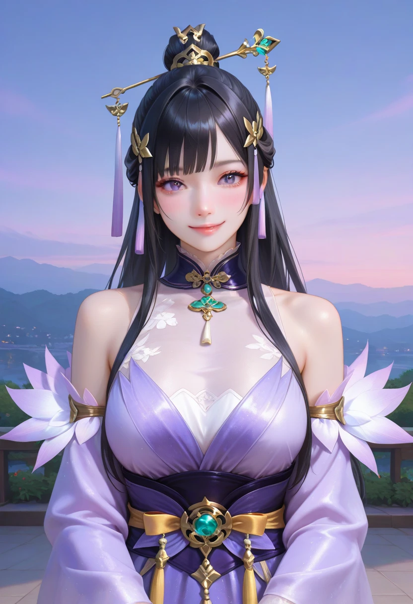 anime human woman. half-up long black hair. fair skin. glowing purple eyes. gigantic boobs. FFXIV clothes. snowflake necklace. softly smiling mauve lips. Realism style. 3D anime model style. CGI animation. FFXIV style. Floral Garden background.