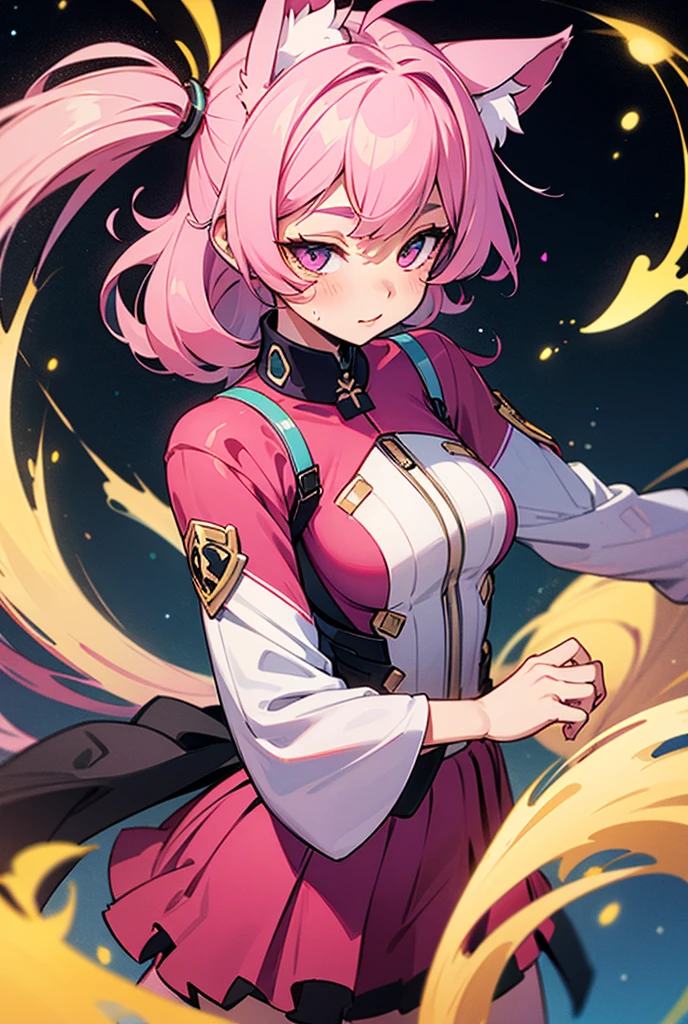 Hero Lovelin wears a pink head cap with darker pink muffs on the side and a darker pink circle on the top. Her ears poke out of the head cap along with a lock of hair. She wears a pink dress with a dark pink cloak held together with a yellow button and yellow stockings. SPARKLE; GLITTER