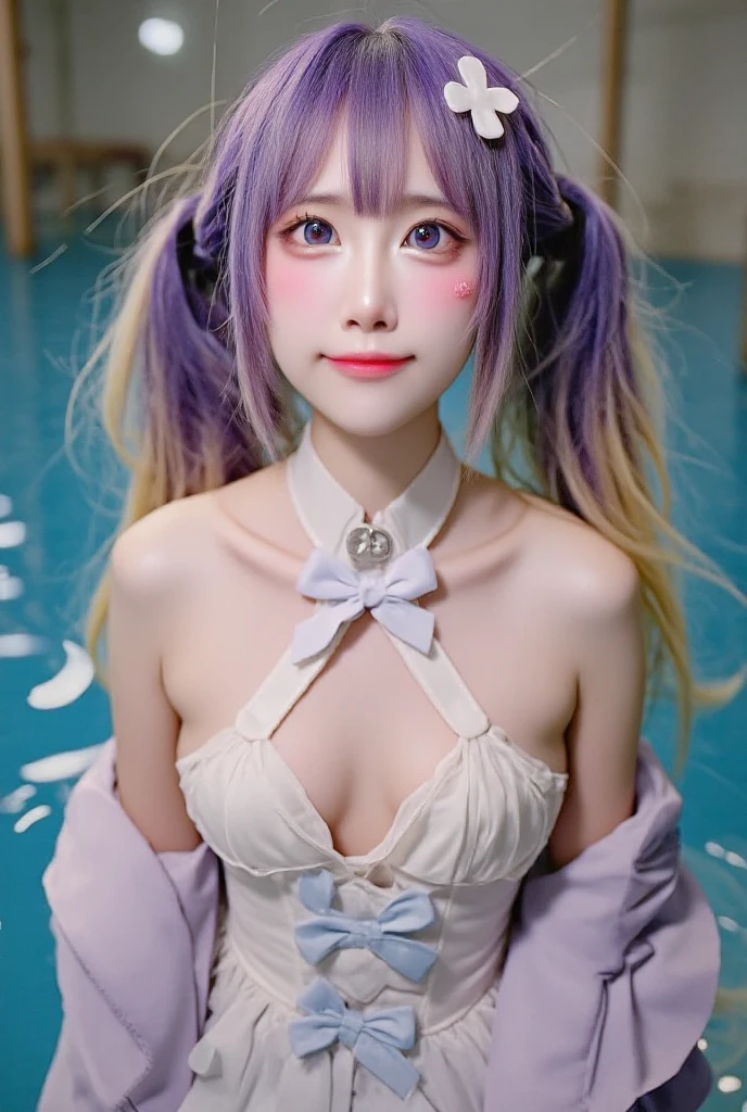 highest quality、masterpiece、Ultra-high resolution、(Photorealistic:1.4)、RAW Photos、(A girl tied to a machine)、13 years、Shiny platinum hair、Embarrassed look、Glowing Skin、((Ultra-Realistic Details))、Portraiture、Global Illumination、Shadow、Octane Rendering、8k、Ultra Sharp、Big Breasts、Cleavage、(Exposed bare skin underbust:1.4)、(White latex micro bikini without strings:1.4)、Upper arm chain、Very intricate detail、Realistic Light、Trends of the CG Association、Purple eyes、Shining Eyes、To the camera、Neon Details、Sit on、Futuristic hair accessories、Gundam、Small LED Lamp、Purple neon lighting、Green neon lighting、