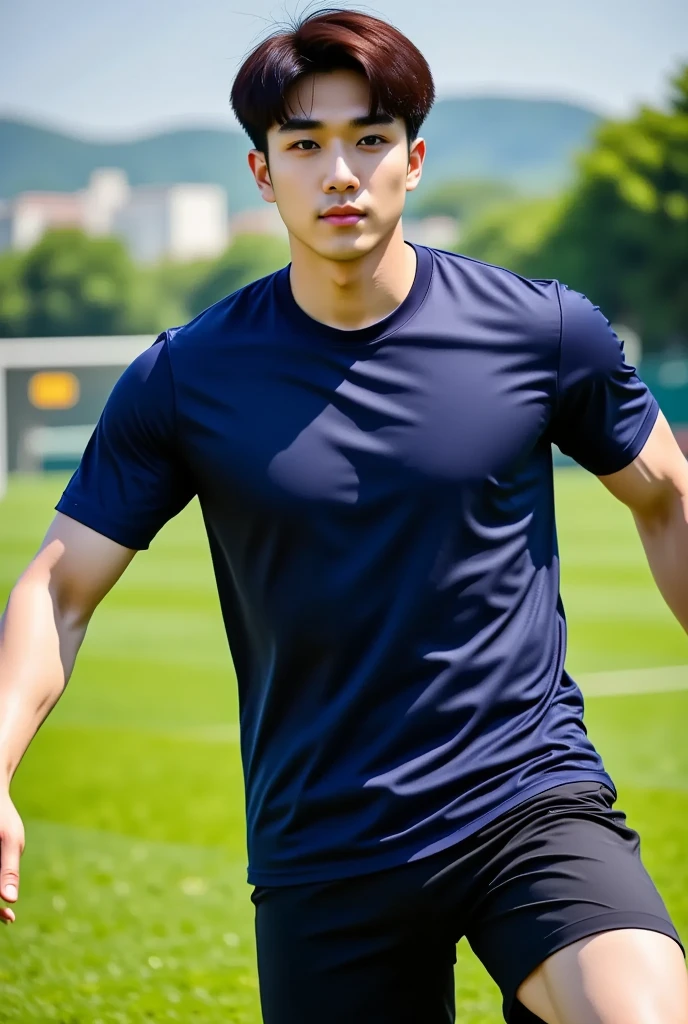 muscle handsome blonde guy 18 yo, wear transparent gray shirt, bulge shorts, standing on soccer field, akimbo