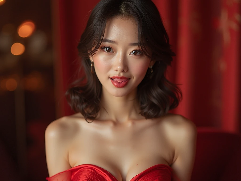 1 girl, Korean model, extremely beautiful, perfect body. Canon RF85mm f/1.2, 8K, lifelike, masterpiece, sharpest and highest contrast, super realistic color images. Her hair is pink, long and smooth, the wind blows it beautifully under the bright sunlight. Beautiful face, perfect and sexy, holy, perfectly proportioned, beautiful in every detail, ((shiny)), high-end cosmetic makeup. Bright smile, pure white teeth and details. Attractive glossy red lips, brilliant glossy red lipstick. Brown eyes, glossy, seductive, ((sharp makeup)), realistic, ((wet eyes)), detailed. Pink eyeshadow, long eyelashes, blush, high-end cosmetics. Two delicate eyelids, perfectly beautiful and detailed, black eyelashes. Eyebrows are curved, sparse, sharp and detailed. High and detailed nose. Cheeks are prominent and detailed. ((Bright white skin)), detailed pores, shiny skin, smooth skin. Hands are beautiful, perfect, ((no flaws)), no defects. Her breasts are big and full, her nipples are prominent and detailed, her cleavage is deep and firm, tight under her bra. Buttocks are plump and fit into underwear. Mesh bra, metallic thread, ((shiny)). Body-tight underwear, bright red color. Complex light, yellow-black rays, ((illuminates face)), sunlight ((sparkles)), ((illuminates girl's body)).
Elegant yellow dress, red scarf, cardigan, white stockings: 1.1, brown dress, stocking strap: 1.2, comfortable living room, sunshine, sitting on the sofa, earrings, necklace, model, looking at the audience, dynamic pose, front, full body.