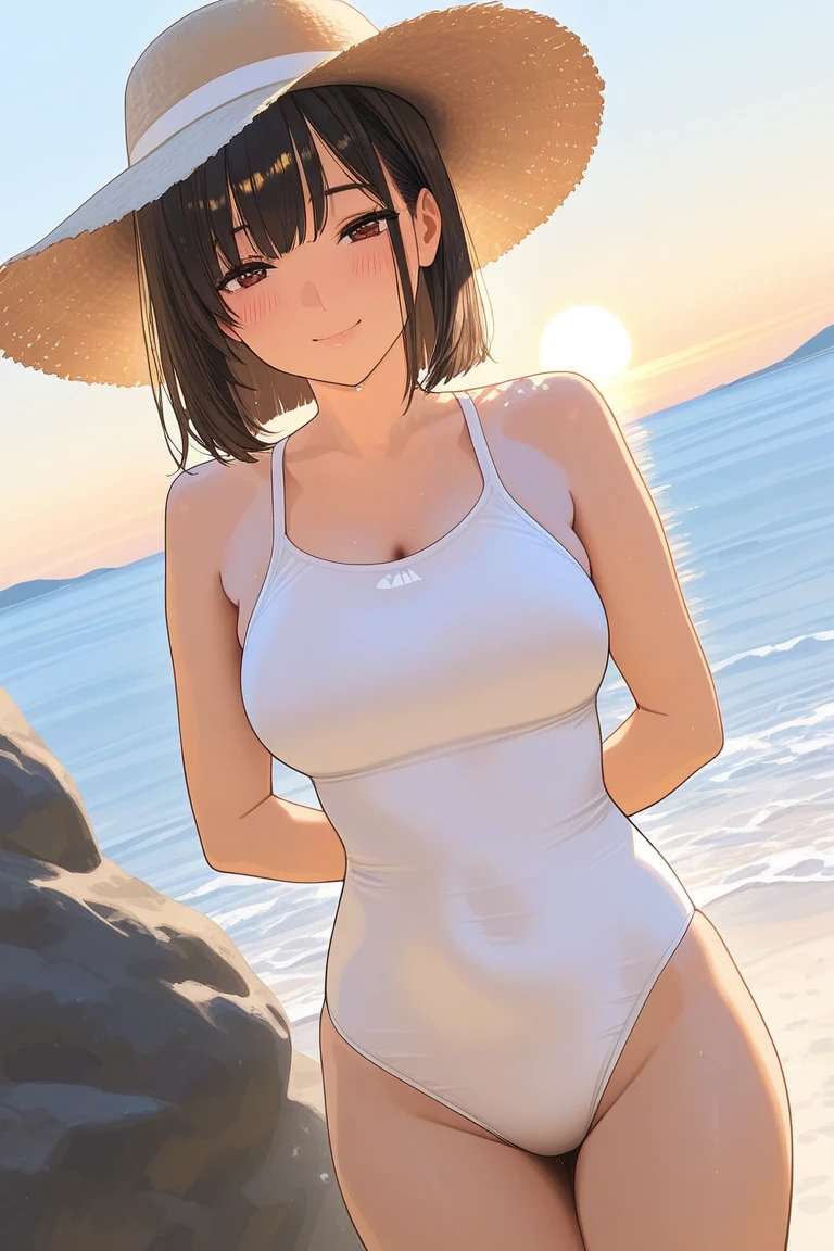 (SFW:1.8、masterpiece, Highest quality),女の子1people々, 一people々in, Absurd、現実inは捉えられないディテールと美しさ、hyper Realistic, Realistic,Realistic, Look at the audience, 美しいbangs:2、魅力的なbangs:2、bangs:2、The underboob is visible:1.6), Mouth closed, Big breasts eye、eyelash、 whole :2, Cleavage:2、(((Eye highlightsを加える:1.4、Big breasts eye、Long Hair、She is very 美しい and cute、Show me your ears、Beautiful long neck:1.8、smile、Close your mouth and smile:1.5、bangsと美しい歯)))、Ideal body type、((A background of blue sky with very beautiful clouds:2、Beach))、Beautiful long neck:1.6、Perfect Anatomy、people々々Beautiful pads that make you feel happy:2、自然in快適な照明、Keep an eye on your audience、Listen carefully、smile、Lean forward to show your breasts、whole body、((Black Hair、White hair band、Red eyes))、Eye highlights、Sweat、Beach、Sandy Beach、((Cute Swimsuit))、Put your butt on the ground、Gravure pose、Fold your legs、Lean back、後ろにLean back、Provocative、Looking down、Look Down、Angle from below、Sit down、frog-sit on the floor、Spread your legs、カメラin見上げる、Inner thighs、Bring your knees closer together、Sitting flat、Place your calves on the ground、斜めAngle from below、dynamic、slouch