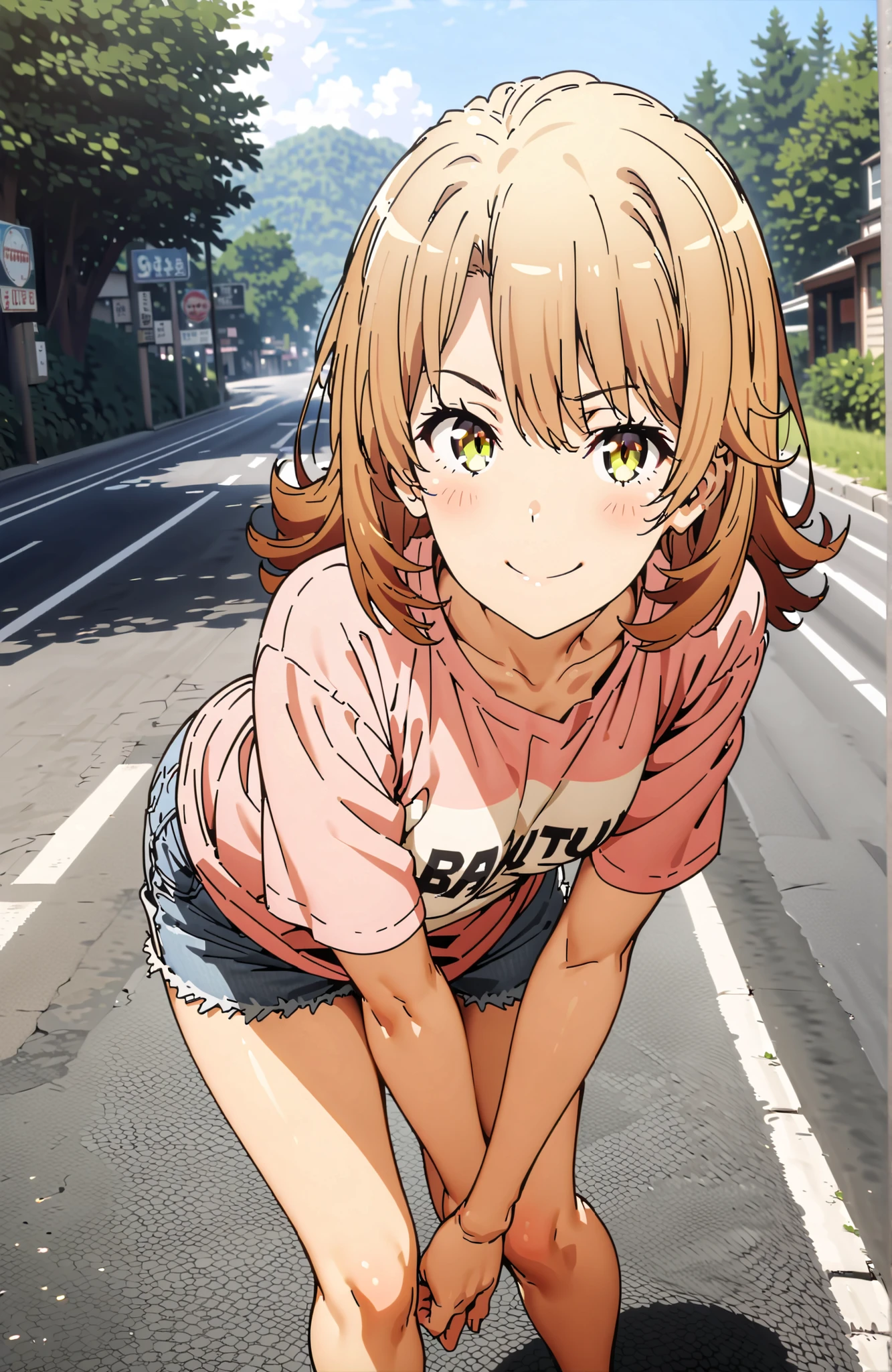 Iroha Isshiki,half up do,oversized t-shirt,denim micro shorts,Bare legs,sneakers,Baseball hats,standing,bending forward,peace sign,smile,blush,grinning,Beautiful Scenery, Beautiful Streetscapes,Daytime summer,,in their 40s outdoors,Coastal Road,strand,
in their 40s looking at viewer,full body,
in their 40s (masterpiece:1.2), best quality, high resolution, Unity 8Kの壁紙, ( 's art :0.8), (beautiful detailed eyes:1.6), very detailed face, perfect lighting, Highly Detailed CG, (perfect hand in h, Completed),