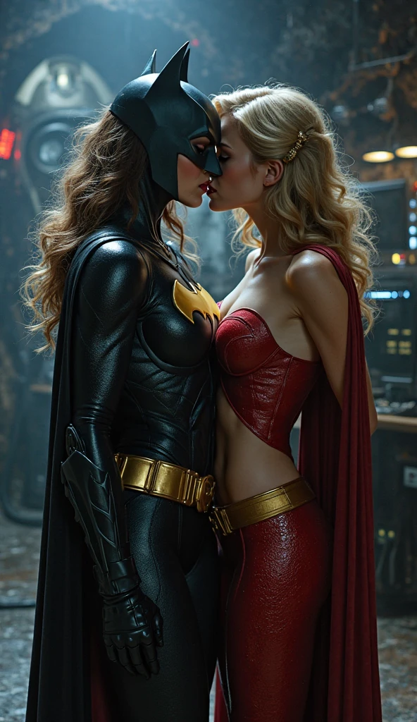 Superwoman and Batwoman  sitting on bed, night, kissing
