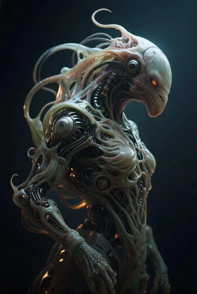  ((best quality)), ((masterpiece)), (detailed), an alien creature, humanoid, gigeresque, pale, translucent skin, smooth skin texture like a dolphin, no hair, round head, (bulbous head), (no face), (no eyes), (smooth face), (bright gums) like a shark's mouth, (a long tentacle- like tongue coming out of the mouth with a squid-like beak), (protrusions along a skeletal ridged back), (breathing holes on the chest), a tail that splits into three tentacles, long skinny arms that it walks on, where the legs would be is another set of arms that are used for grabbing, H R Giger, Clive Barker's The Thing, xenomorph, necromorph, predator, Engineer, sci fi horror, cosmic horror