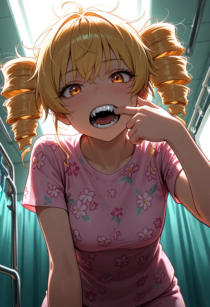 White liquid all over her body,Taken from the front,(((Masterpiece)))),(Best Quality))),(Beautiful Eyes),(1girl)、Close-up,Smile,Mouth wide open,Drooling from mouth,Crawling on all fours,Blonde,Short cut,Twin tails,White gym clothes (bloomers),Ruined toilet