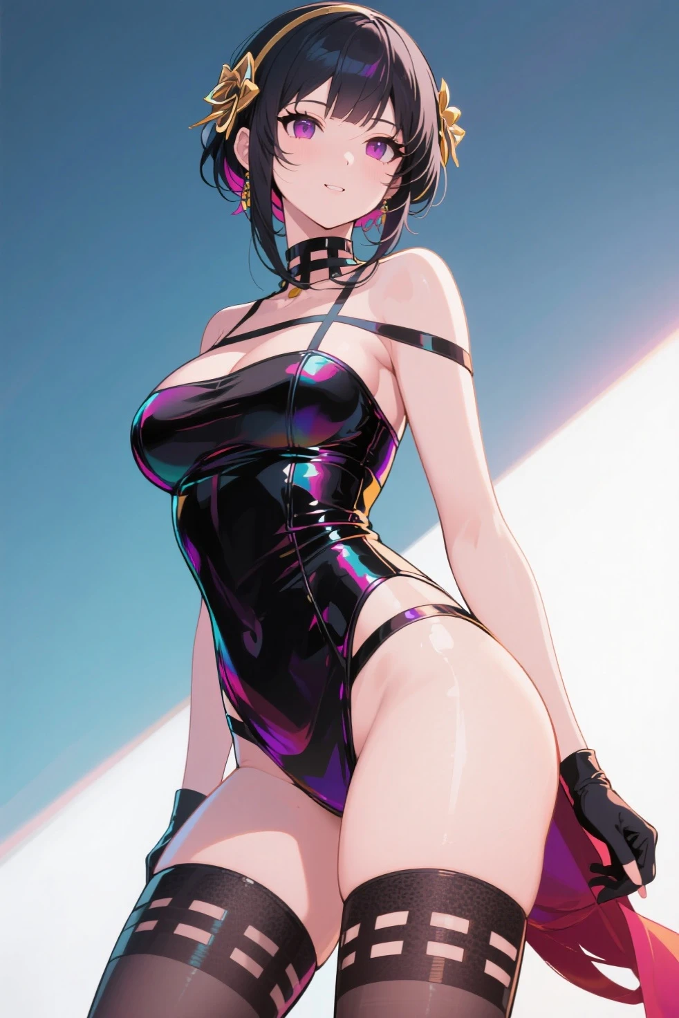 masutepiece, Best Quality, Photorealistic, 1girl in, Solo Focus, Floating hair, Wind, wind lift, Shiny hair, ((side ponytail of left)), ((((Light black hair)))), hair between eye, ((Blue eyes)), Detailed face, Very long hair, Smile, blush, Open mouth, (((iridescent))), Extremely beautiful, medium breasts, wide hips, Slender thighs, make up, palatial palace, art stations, Sitting, (Glowing eyes), A MILF, Looking at Viewer, (deadpan), competition swim suit, (Pink Gemstones), pearls, Choker, Earring, (Jewelry), ((Dramatic Lighting, Cinematic lighting, Warm lighting)), Extremely detailed, extremely fine and beautiful, spark of light, Blue theme, Spread legs, knees up, sitting on a bed, Bedroom, Indoor