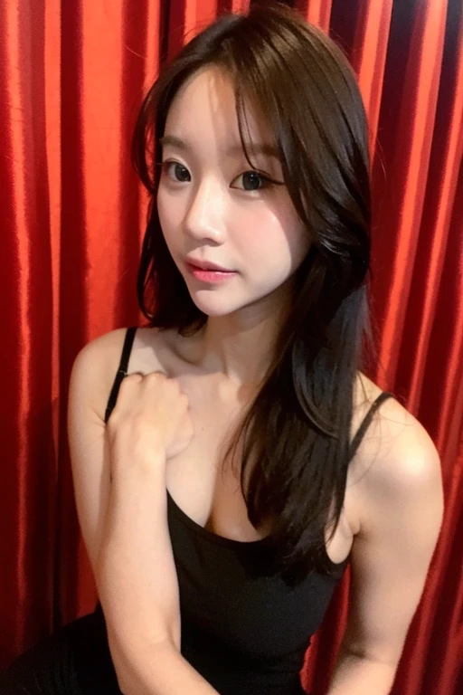 16 years Old young Chinese woman, sleeveless shirt, cleavage, beauty face, Cute face, thin, long Sleek Straight hair style, medium breast, sad