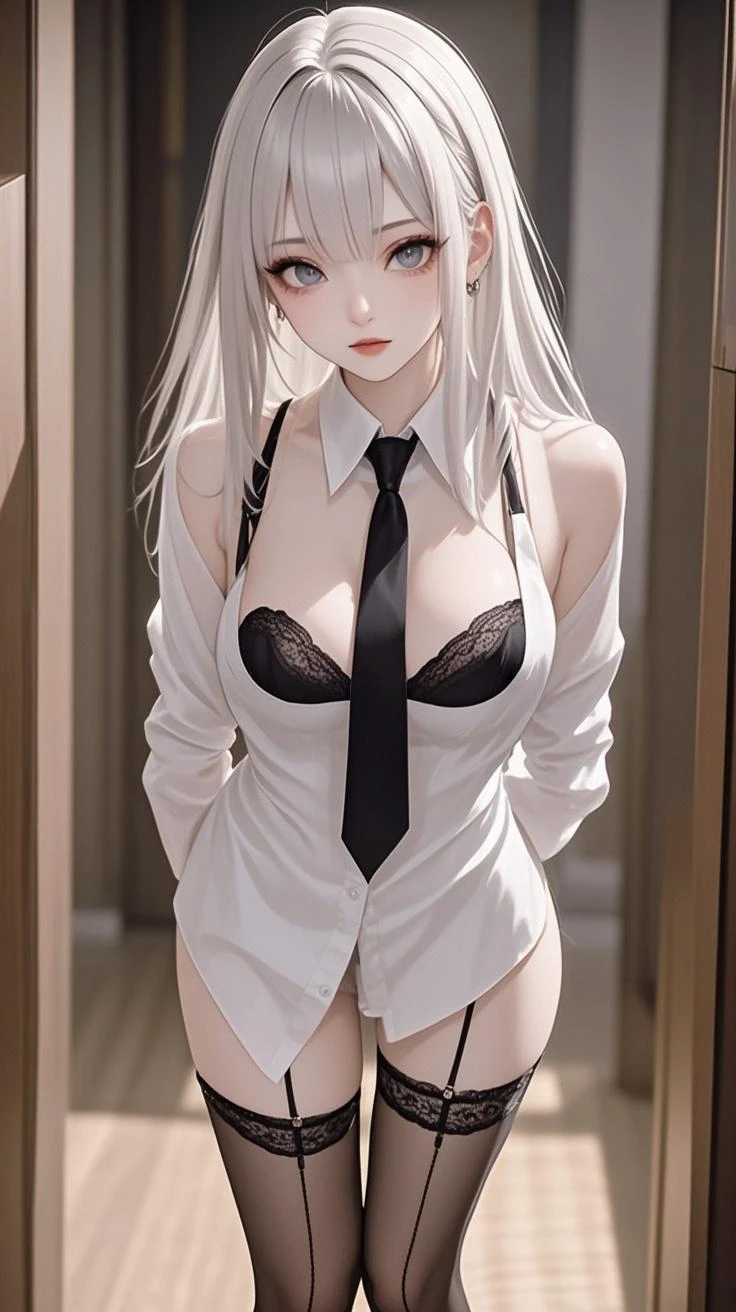 photorealistic, high resolution beautiful eyes, dark makeup, influencer, thot, blush, close lips, detailed face, white hair, long hair, in bed, bedroom, topless, breasts, black skirt, pencil skirt, fur coat, stockings, slender body, sexually aroused face, moaning, large breasts, under boob, slim waist, strap gap, leaning over a person, having sex with a man, standing on top of a man, riding a man, riding man's intimate part, mouth open, tilting head up, hands spread, fucking with man, sex scene from movies