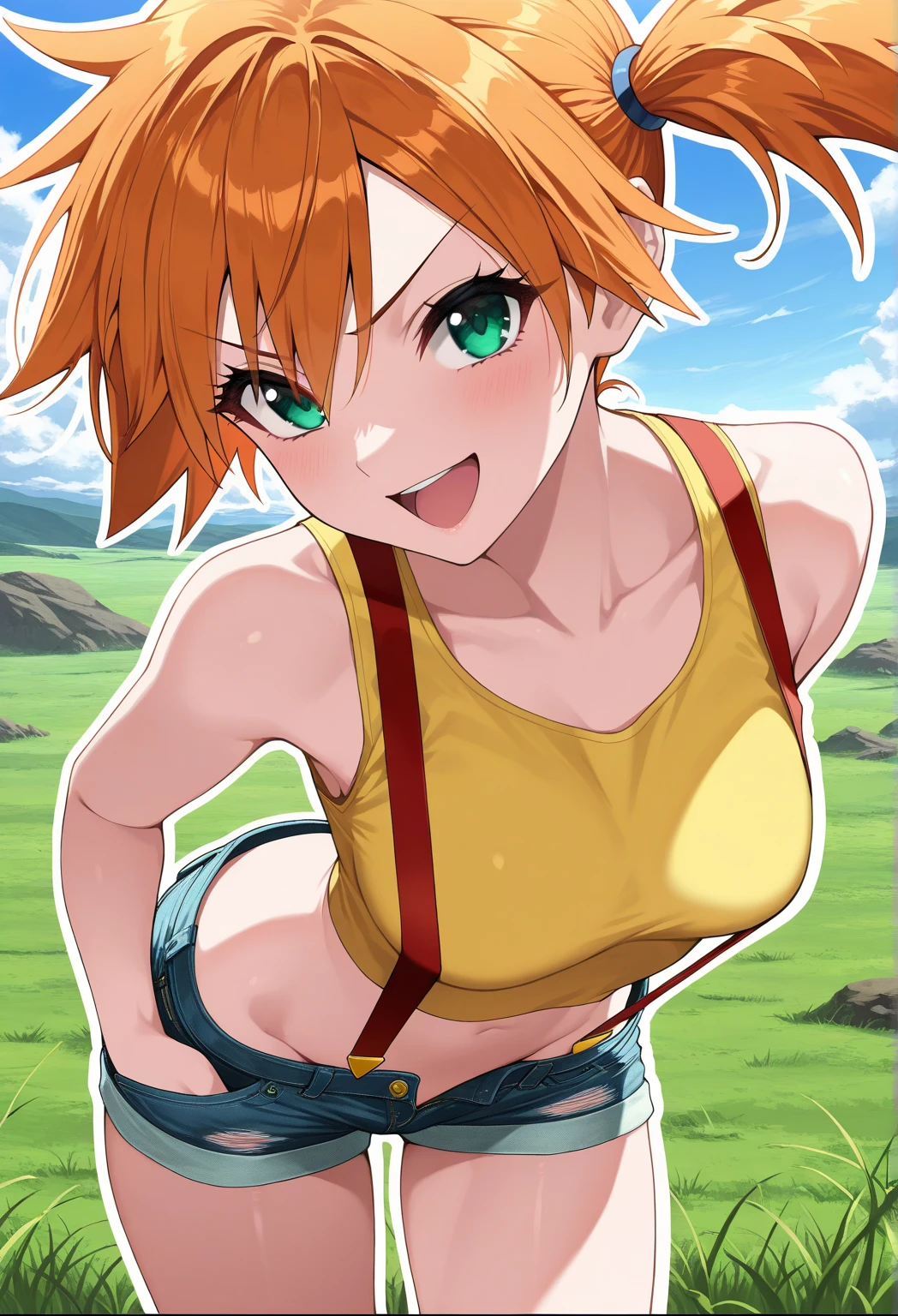 masterpiece, best quality, highres, 1girl, misty (pokemon), orange hair, solo, shorts, suspenders, side ponytail, orange hair, midriff, yellow crop top, navel, short hair, denim, denim shorts,, smile, cowboy shot, outdoors, <lora:misty_(pokemon)_v2:0.7>, Under Boob, small breasts, Externally expanded Chest,