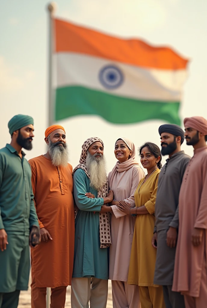 Create a highly detailed image of Anime muslim Hindu Sikh Cristian people who wear Indian flag dress stand beside of Indian flag with vibrant colors and sharp focus, high-resolution with intricate textures and patterns, dramatic lighting and shadows, bold lines, bright colors, and dynamic composition, precise details and accurate colors,