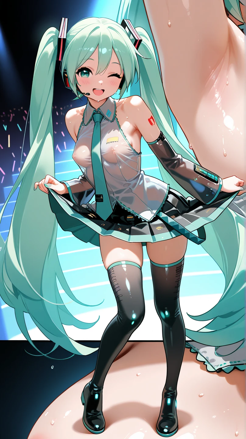 (Highest quality:1.2, Very detailed, Latest, Vibrant, Super detailed, High Contrast, masterpiece:1.2, Highest quality, Best aesthetics), woman, miku hatsune, Ahoge, Aqua Eye, Aqua Hair, Crossed bangs, Hair between the eyes, hair ornaments, Headphones, Long Hair, Twin tails, aqua tie, Black footwear, black skirt, Black sleeves, boots, collared shirt, Removable sleeves, grey shirt, tie, pleated skirt,((nsfw)),(((white panties))), ((cameltoe)), (anus), shirt, skirt, Sleeveless, Sleeveless shirt, Perfect body line, Skin with attention to detail, cute, Detailed face, (((Face Up Shot:1.2))), (Random Pause), ((spot, stage, ライブstage:1.4)), Accurate Fingers, Light effects, Dance Motion, sensational, erotic, Soft lighting,((covered erectile nipples)),