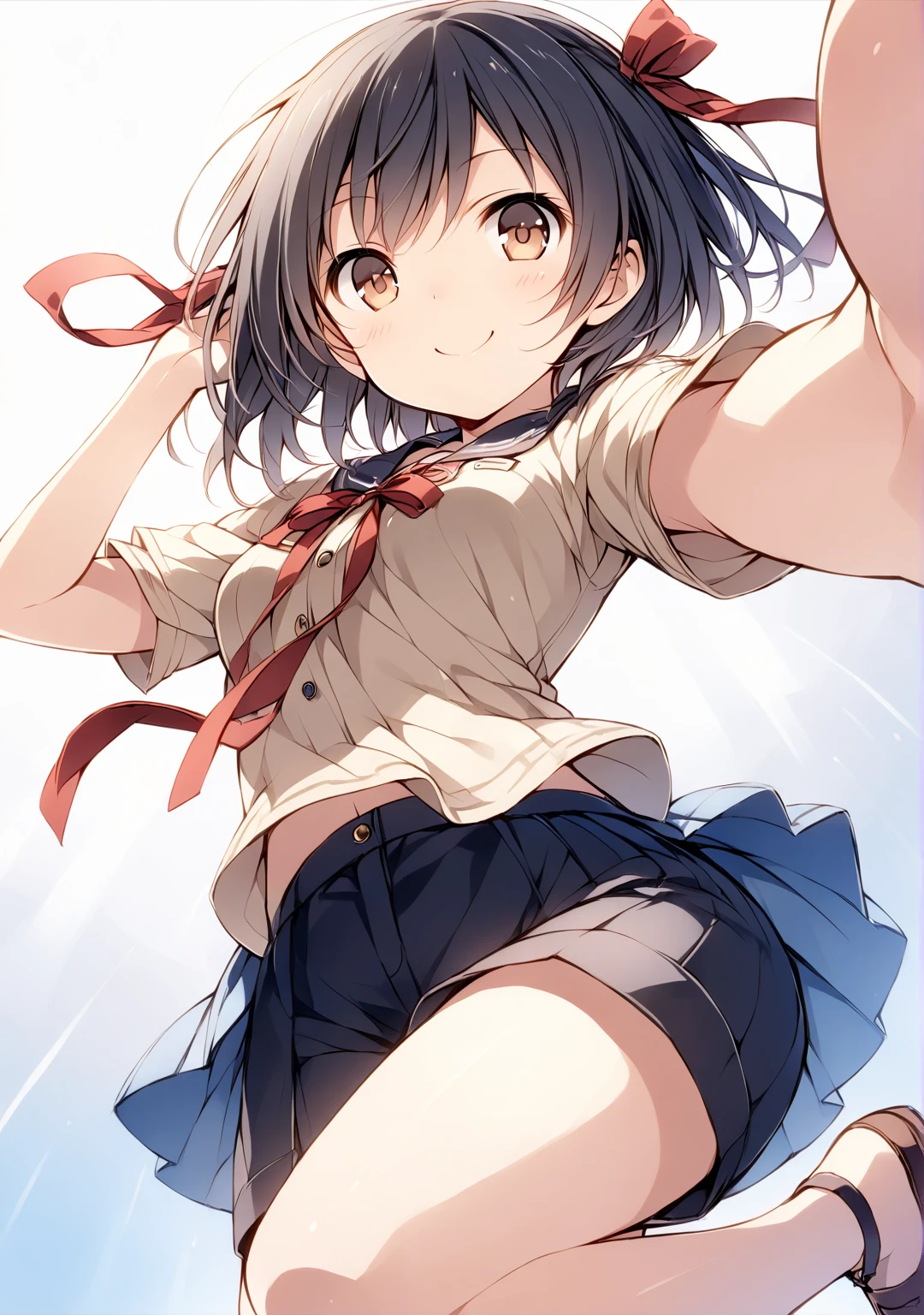 One girl,Nozomi、The whole body is shown、slender body,ideal ratio body proportions,Gentle expression、smile、Eyes open、standing split、looking viewer,uniform、skirt、panty shot,White string panties,noon、blue sky、rooftop、from below,A complete depiction of the human body、masterpiece, Highest quality, Game CG, ultra detailed、highres、extremely detailed CG