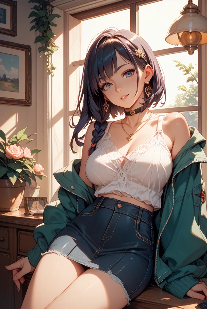 absurdres, RAW photo, extremely delicate and beautiful, masterpiece, Best Quality, ultra high resolution, 32k, hyperrealistic, ultra-detailed, in her 20s, delicate facial features, beautiful detailed girl, tearful mole, earring, medium breasts, full body shot, shorter middle hair, black hair, Joggers Shorts, bare shoulder,