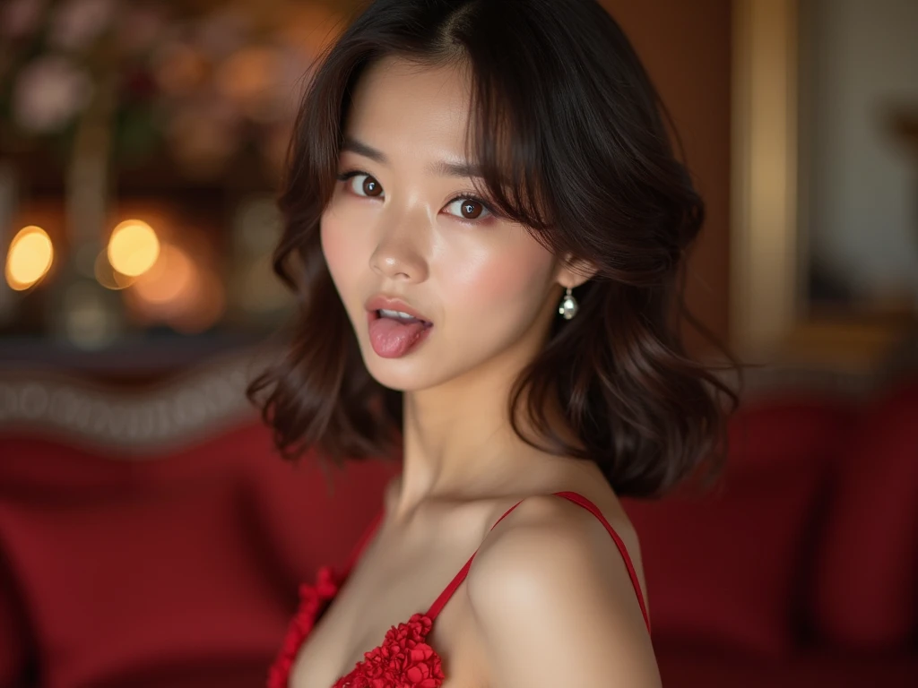 instagram photo, closeup face photo of 20 y.o Chloe in kebaya, Red Lipstick, sensual Lipstick, Sensational Make Up, cleavage, pale skin, (smile:0.4), hard shadows, Red G-STRING, bright lighting