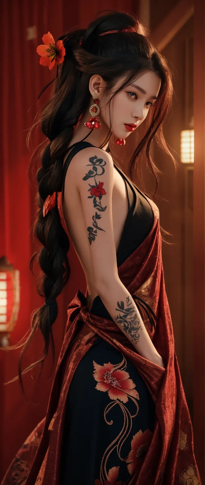 (High-res,masterpiece),ultra-detailed,(photorealistic,HDR,UHD),A detailed tattoo on the back of a woman, a large colorful tattoo design between the shoulder blades, rose and chinese dragon tattoo, intricate linework, beautiful dark ink, elegant floral pattern, pale skin, detailed anatomy, smooth skin, dramatic lighting, cinematic atmosphere, photorealistic,studio lighting,vivid colors,dramatic shadows,moody lighting