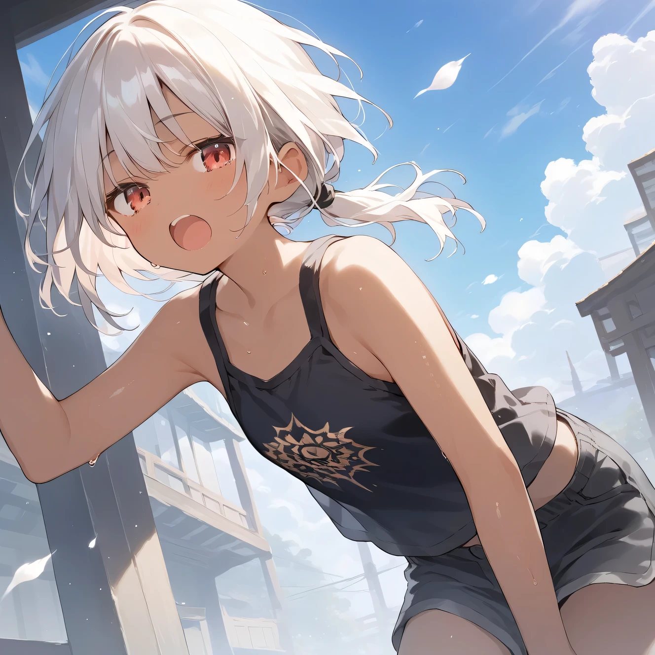 score_9, score_8_up, score_7_up, source_anime, best quality, masterpiece, official art, absurdres, highres, ultra-detailed,waifu2x,Collection: Slice of Life,break,1girl, tomboy, dark-skinned female, short hair, low ponytail, flat chest, beautiful detailed eyes, short shorts, sweat, open mouth, (yawn:0.3), sleepily, outdoors, wind, break,(clear line illustration:1.2),very high resolution, very aesthetic, super detailed skin, Best sexual lighting powered by famous artist, 8k,cute picture,beauty illustration,photoshop_(medium),,(Detailed Lighting),best anime 8k konachan wallpaper, pixiv contest winner, 