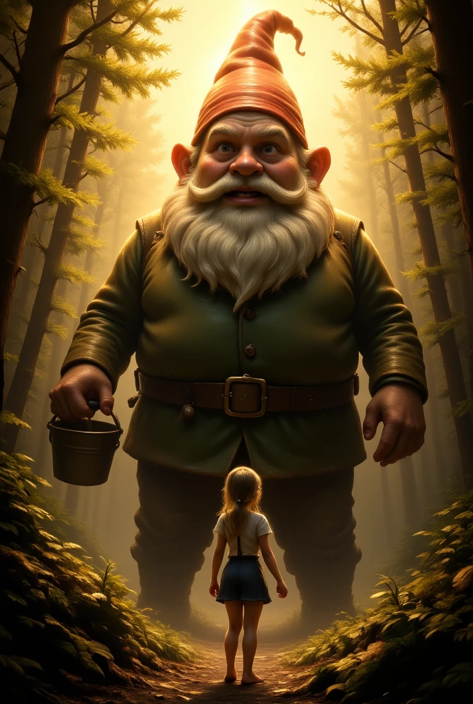 A dramatic fantasy scene with a wide-angle shot shows the young woman Guin bravely facing a giant, menacing garden gnome. The lighting is dark and eerie, with golden rays of light highlighting the gnome's surface. Guin appears small but determined in the foreground. Her defiant pose contrasts with the formidable presence of the monstrous garden gnome that dominates the background. The gnome has a white beard, wears a red hat, a green jacket, and holds a bucket and shovel. The dwarf looks down at Guin and seems greedy. Set in a misty forest clearing, this image captures tension and scale through its dynamic composition.