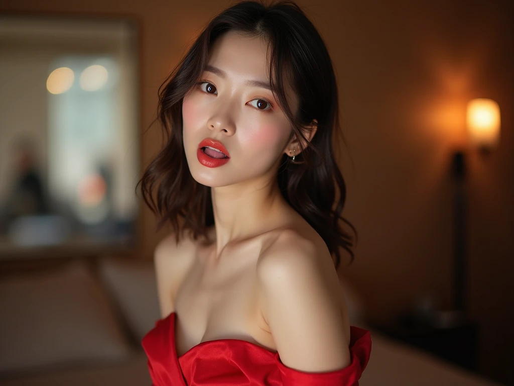 1girl, alone, solitary, high quality, (best quality,4k,8k,highres,masterpiece:1.2),ultra-detailed,(realistic,photorealistic,photo-realistic:1.37),gorgeous hair,whine red dyed hair,long curly hair with bangs,puffy eyes,mole on the cheek,plump lips,jewelry,(high detailed skin:1.4),(light room:1.3),(rim lighting:1.3),(lit:1.3),(sunny day:1.3),indoors,portrait,beautiful lips,waist-length hair,seductive gaze,moles, red lipstick,red lips,sundress,dress,short dress