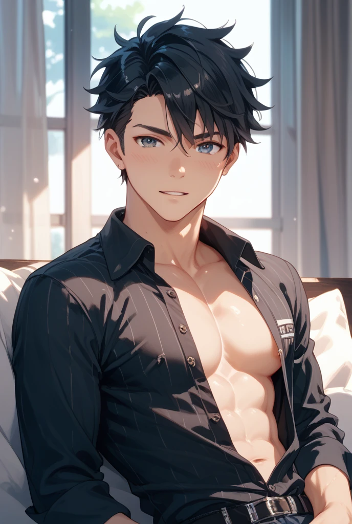 4K, high resolution, best quality, masterpiece, perfect color, perfectly shaded, perfect lighting, Posted by e621, (by Chun Ni), Humanity, ((portrait)), ((handsome man)), perfect male figure, Short hair details,Muscle tissue,chest muscles,abdominal muscles,Naked upper body,Detailed face, perfect face, (Lying in bed), Huge protrusions,love,Detailed background, ((Bonifasco Lighting)), (delicate eyes), adult male,Handsome,covered in sweat,collar,wolf ears,sports student,