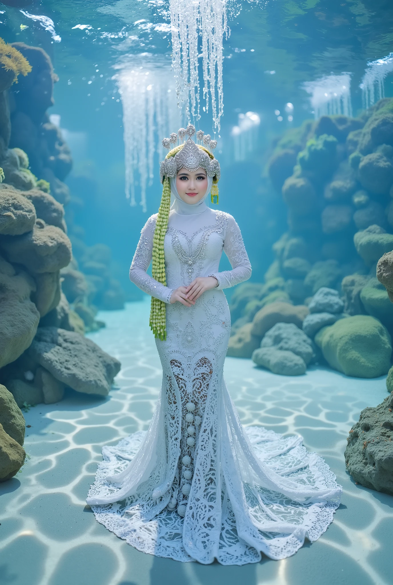 Underwater display, Beautiful Mermaid Hijab, Underwater Wedding Decoration, Underwater palace, Unique Underwater Wedding Party,8k,karya agung,ultra-detailed,photorealistic,hdr , underwater lighting,bright colors, bokeh ,lanskap,Fantasy scene,profesional,digital art