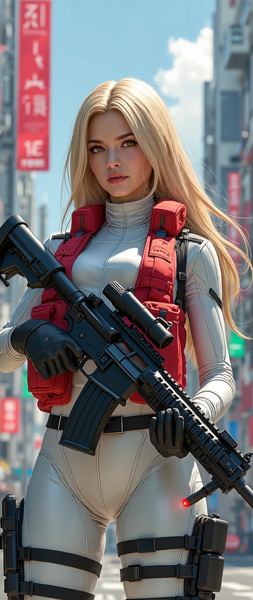 (masterpiece、  exceptional quality 、 Like a mirror 、  cinematic experience  、 insanely detailed、 No sword)、8k、wallpaper、 (BEST ILLUSTRATION:2.0)、 (one girl:2.0)(  Ghost in the Shell worldview:2.0)、  Gunfight、 (pointing a red laser pointer at a white tactical :2.0)、 (heavy red bulletproof vest:2.0)、 (black gloves:2.0)、 (LONG BLONDE HAIR:2.0)、 ( facial details )、 (female hand-drawn details:2.0)、 (M-16 Facing:2.0)、 (The background is Tokyo with science and technology)Phenomenon :2.0)、 M-16 shooting assault rifle building while、(with a laser pointer attached under the muzzle of an M-16 assault rifle:2.0)、(M-16 assault rifle shooting:2.0)full body highdefinition picture。