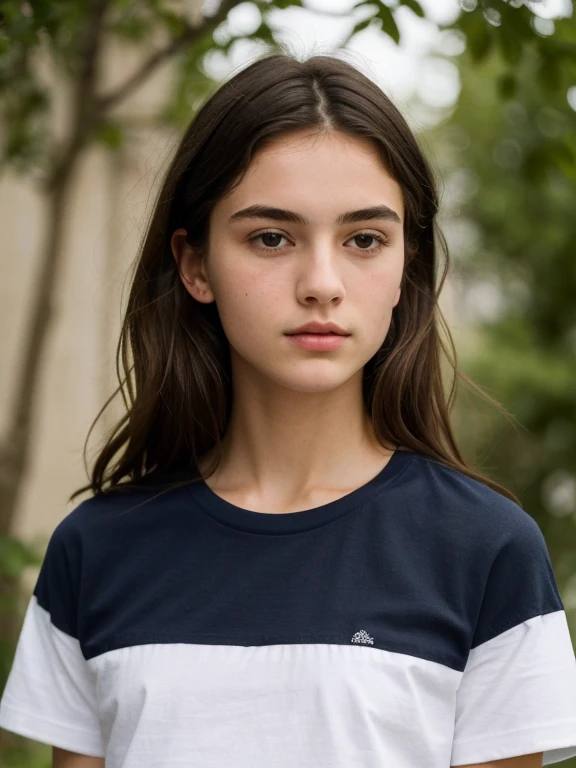Belle fille d'environ 12 ans aux yeux clair, with brown hair and some freckles, dressed with a white Nike hoodie, ultra realistic image