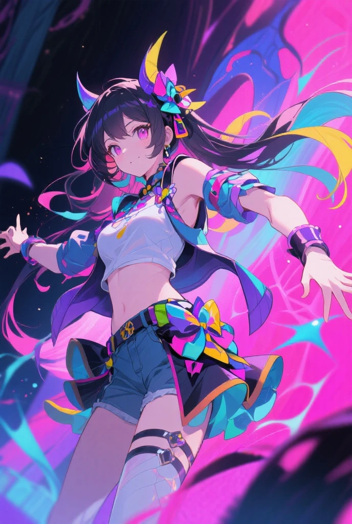 rvst, a woman wearing fur boots, anime girl, 8k, ecstatic expression, festival, beautiful, colorful, night, lasers