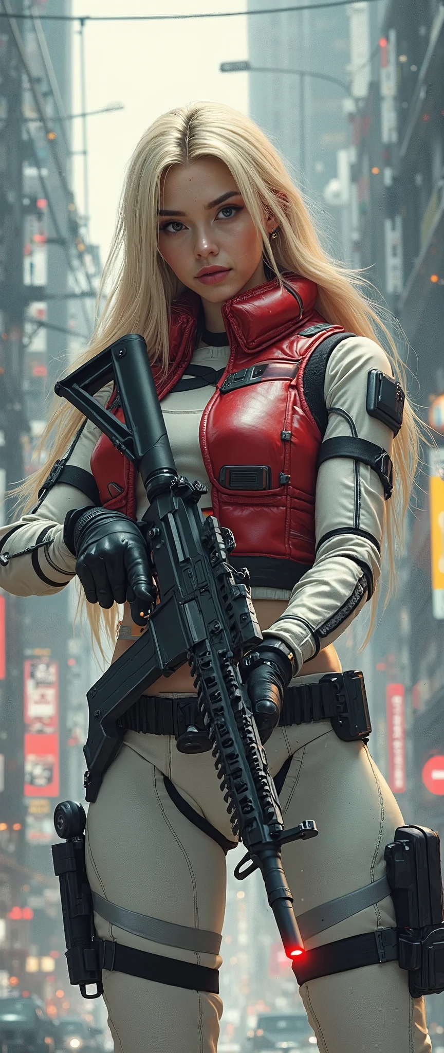 (masterpiece、  exceptional quality 、 Like a mirror 、  cinematic experience  、 insanely detailed、 No sword)、8k、wallpaper、 (BEST ILLUSTRATION:2.0)、 (one girl:2.0)(  Ghost in the Shell worldview:2.0)、  Gunfight、 (pointing a red laser pointer at a white tactical :2.0)、 (heavy red bulletproof vest:2.0)、 (black gloves:2.0)、 (LONG BLONDE HAIR:2.0)、 ( facial details )、 (female hand-drawn details:2.0)、 (M-16 Facing:2.0)、 (The background is Tokyo with science and technology)Phenomenon :2.0)、 M-16 shooting assault rifle building while、(with a laser pointer attached under the muzzle of an M-16 assault rifle:2.0)、(M-16 assault rifle shooting:2.0)full body highdefinition picture。