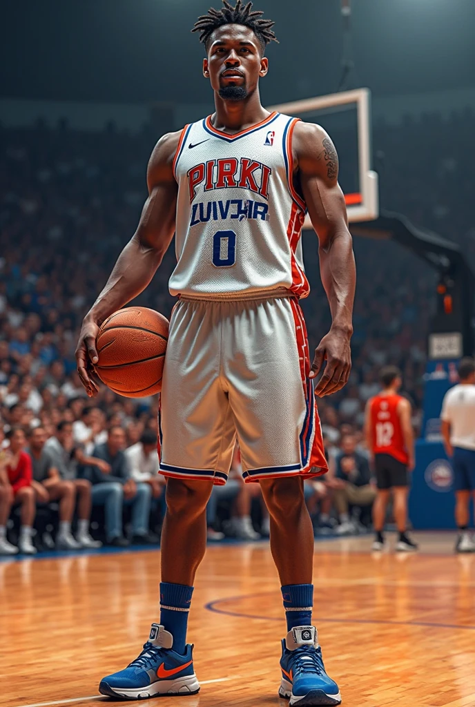 non-NBA blue, white and red basketball jersey, that it is something personal and that it says FISMA on the chest