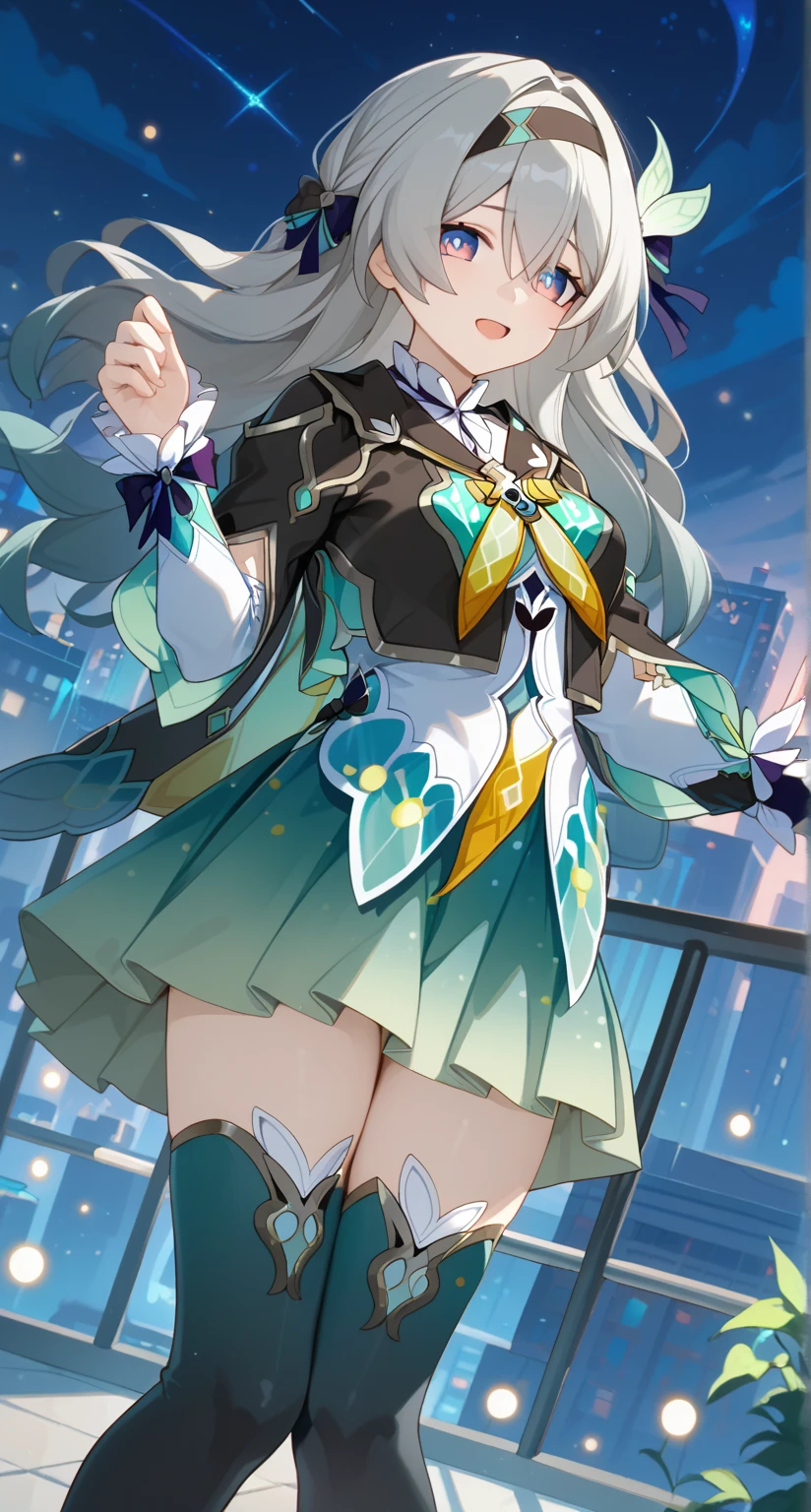 nsfw,masterpiece,best quality,highres,ultra-detailed,glass cover,alternate color,score_9, score_8_up , score_7_up,dynamic angle,1girl,pretty,(Firefly,Honkai:Star Rail),grey hair,hairband,long hair,jacket,purple eyes,open mouth,black jacket,white shirt,black hairband,hair between eyes, bow,long sleeves,blue thigh,hair bow,city,rooftop,night,night sky,embarrassed,blush,shiny beautiful woman,cinematic lighting,depth of field,looking at viewer,arms put skirt,dynamic pose,from below,thigh focus