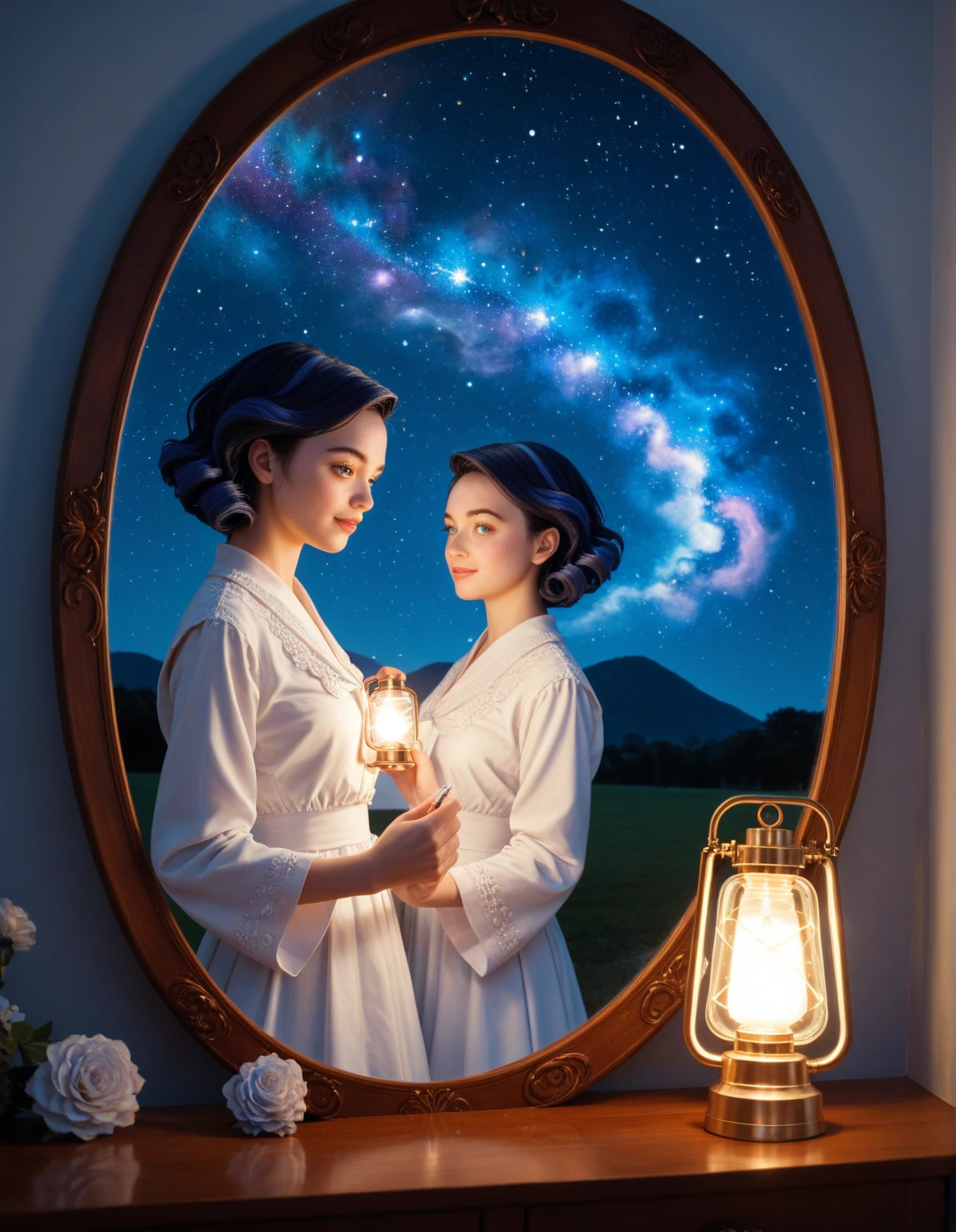 A girl draws while her mother has her bare back, Elle porte une robe, She watches meteors and meteors descend from the sky through the telescope., and comets facing the sea Large telescope tattoo on mother's back Add a paint bucket with a set of paintbrushes