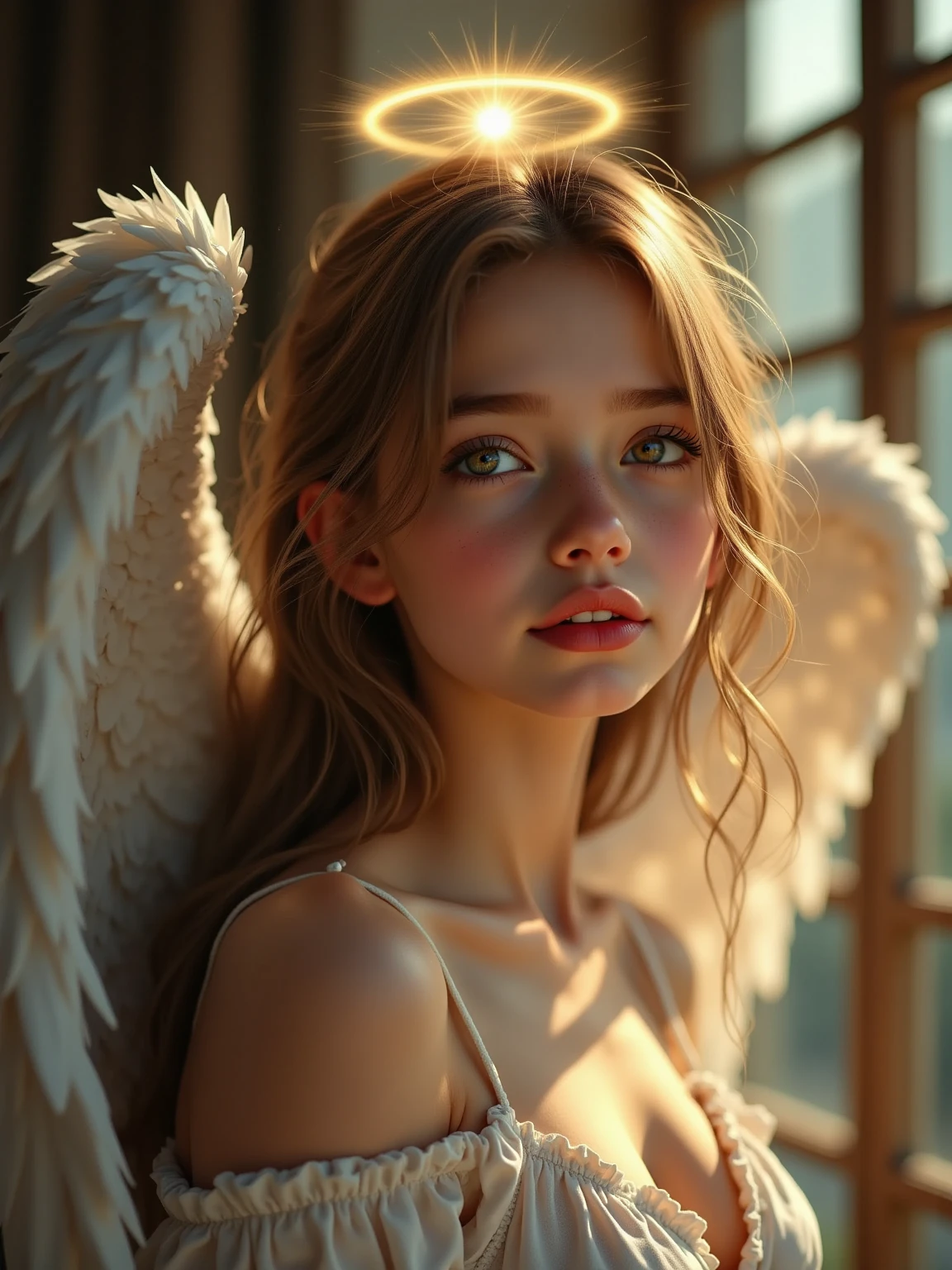 Ultra detailed complex 3D rendering of face, (big breasts: 8.8), (masterpiece, top quality, octane rendering, 8K), glamour shot full body image, cleavage, (highly detailed skin: 1.2), (exposure: 1.1), (blonde), (wearing a plummet tank top of red silk: 1.5)), blonde hair, beautiful white woman with full soft breasts and white skin, one with big ass, long braided hair(portrait))), big breasts, dynamic angles, mystical expressions, ultra-realistic photos, (portrait))), bare feet, futuristic city background, facial muscles, detailed and beautiful queen tiara, in the style of Marvel Comics, clear focus, studio photography, intricate details, highly detailed, detailed yellow eyes, sharp focus, digital rendering, professional, abs, ( ((Sexy Pose))), Natural Jungle, Open Your Mouth Lightly, Mansuji, Open Your Crotch, Seductive Look, Angel Ring, Detailed Angel Wings, Circle of Angels, Beautiful Mouth, Perfect Body Beauty: 1.4,