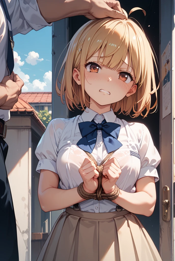 (One girl, A fat middle-aged man:1.2), 破れたpantyhose, pantyhose, White shirt, Pencil Skirt, blush, French kiss, hug, Big Breasts, office, Very detailed, High resolution, 4K, masterpiece, High resolution、(tears:1.4)、(Clothes are see-through:1.2)、(Sex:1.6)、Put your hands on the wall、Leaning forward