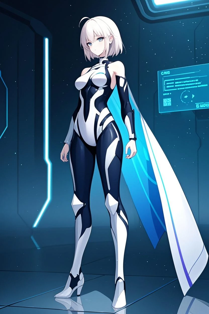 female, platinum blonde hair, blue eyes, wearing a teal and gold futuristic bodysuit, standing in a high-tech lab with holographic screens, standing on path