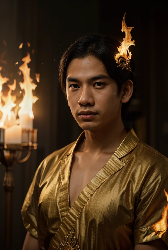masterpiece, best quality, Listen to your thighs, alone, looking at viewer, laugh, 1st son, hair between eyes, bijouterie, upper body, male focus, earring, fire, paper