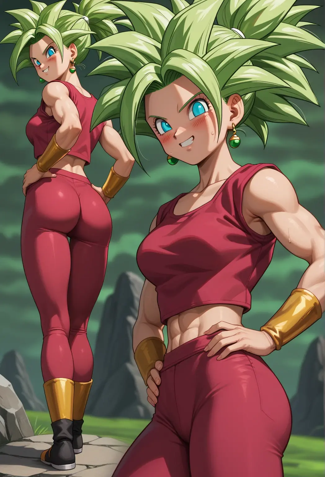a girl, Saiyan, white spiky hair, green eyes, defined muscles, thin waist, wide hips, dark skin, medium breasts, no clothes, naked, pussy, bobs, futanari, big dick, dick between her legs, big balls, balls between your legs,
