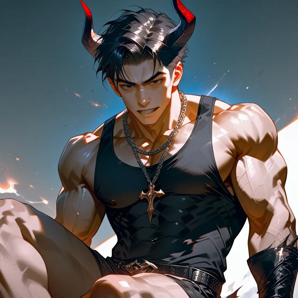 young boy with a slim skinny build, ((he is transforming into a demon)), ((he is touching his body)), ((inhumanly small waist)) ((inhumanly thin midriff)), ((worlds thinnest waist)), clean cut and short cropped red hair, ((splashed white ink drips down his body)), ((soaking wet)), ((muscular thighs)), soaked, dripping, sweating, detailed, intricate, slutty pose, posing seductively, ((has dark tanned skin with a hint of black and red)), he's a badboy, he is scowling, ((has demon horns)), solo, alone, has glowing red eyes, he is in a dark neon environment that is smoky and grungy, clothes drip off his body