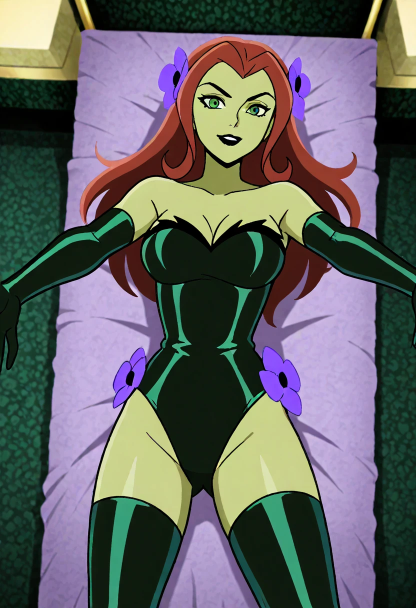 Poison ivy dc comics seducing hugging Batman, Backgroud there is a huge carnivorous plant, detailed, high definicion, obra prima