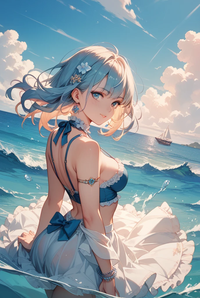 A girl, with blushing cheeks and her buttocks lifted off the ground, is urinating. The girl has blue eyes, white long hair, a straight posture, and is standing by the seaside. There are glowing blue butterflies floating around, as well as falling petals. The scene takes place outdoors, with a white European-style building in the background, clouds in the sky, and enhanced details. The image quality is of the best and highest resolution, presenting a perfect masterpiece. The wind gently blows through her hair, giving her an elegant and graceful appearance. Additionally, she is wearing lace underwear, and her buttocks are raised.