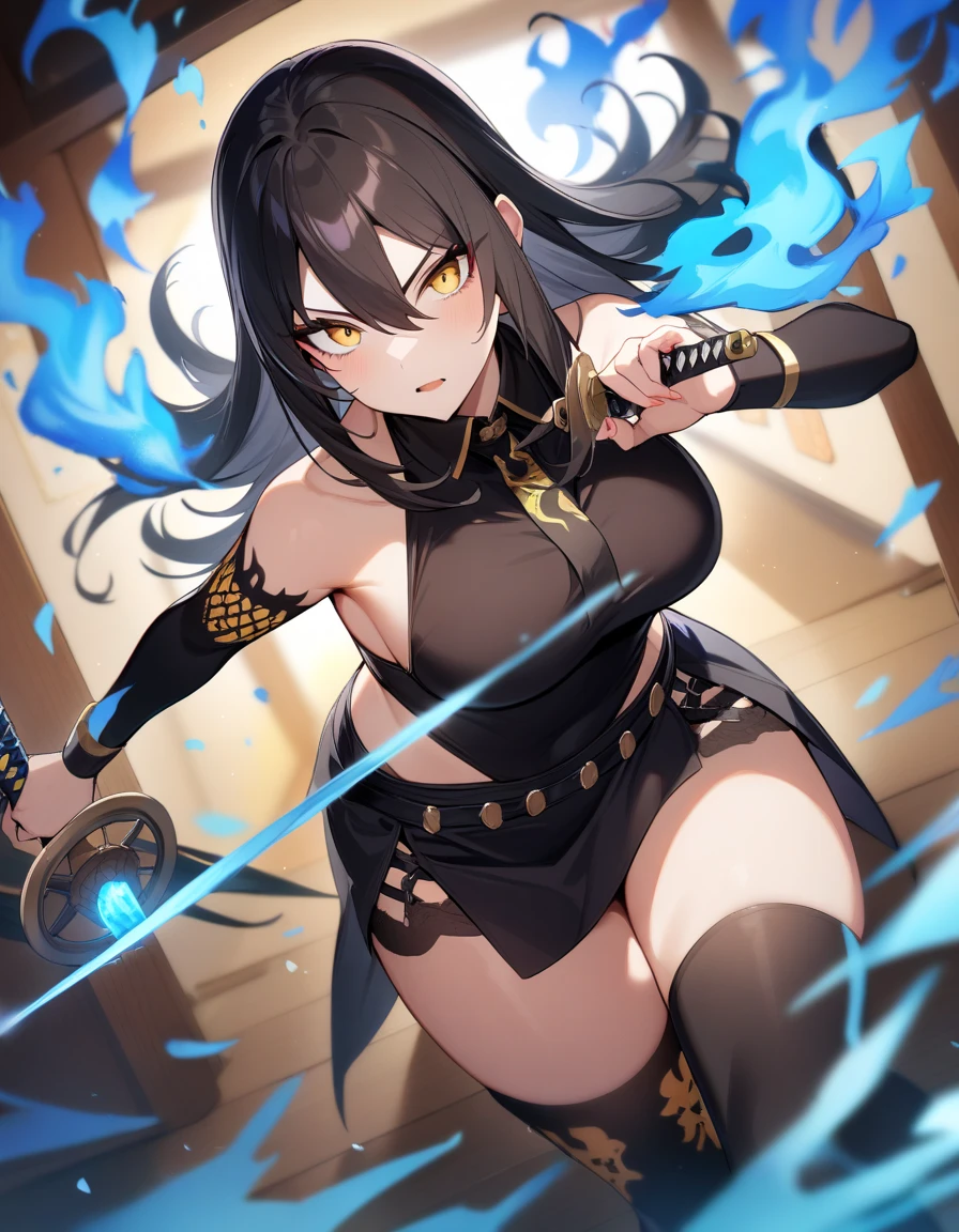 masterpiece, best quality, illustration, ultra-detailed, finely detailed, high resolution, 8K wallpaper, perfect dynamic composition, beautiful detailed eyes, ninja costume, medium hair, small breasts, dynamic pose, smile, looking at camera