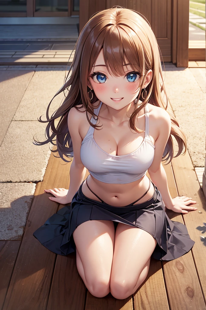 masterpiece, Best Quality, Very detailed, ultra high resolution, idol catalyst, 1 girl, Alone, blue eyes, hair ornament, by rubio, by the wide, looking at the viewer, bright lips, light smile, animator, diaphragm, neckline, grass, Session, (Bended knees)