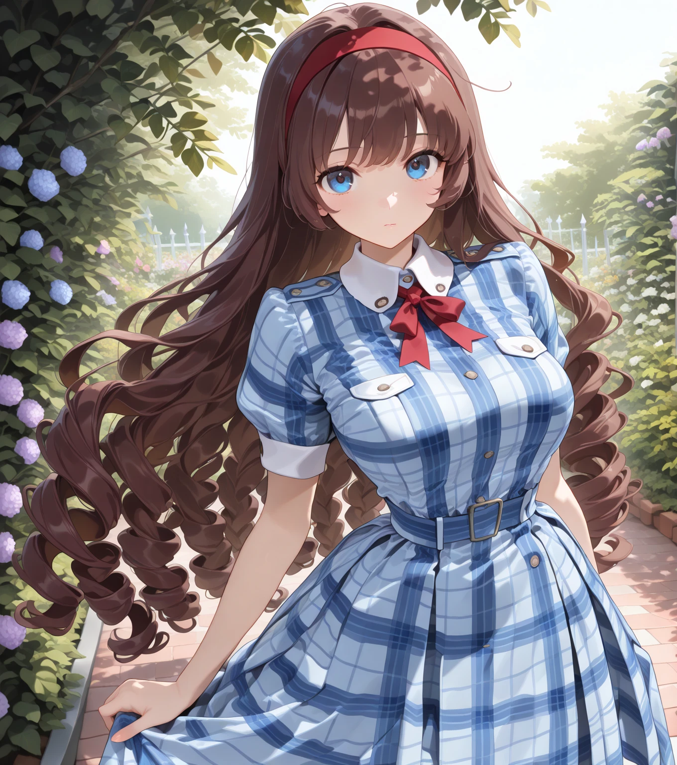 highres,masterpiece, best quality, 1girl, solo, smile , outdoors,garden, (skirt lift by myself:1.2), standing, cowboy shot,looking at viewer, large breasts,
kanbauniform,bowtie,frills,red shirt,red high-waist skirt,
KaedeJohanNouvel, long hair, black pantyhose,
<lora:kanbauniform_v1_lora:0.8> <lora:CHAR-KaedeJohanNouvel:0.7>
