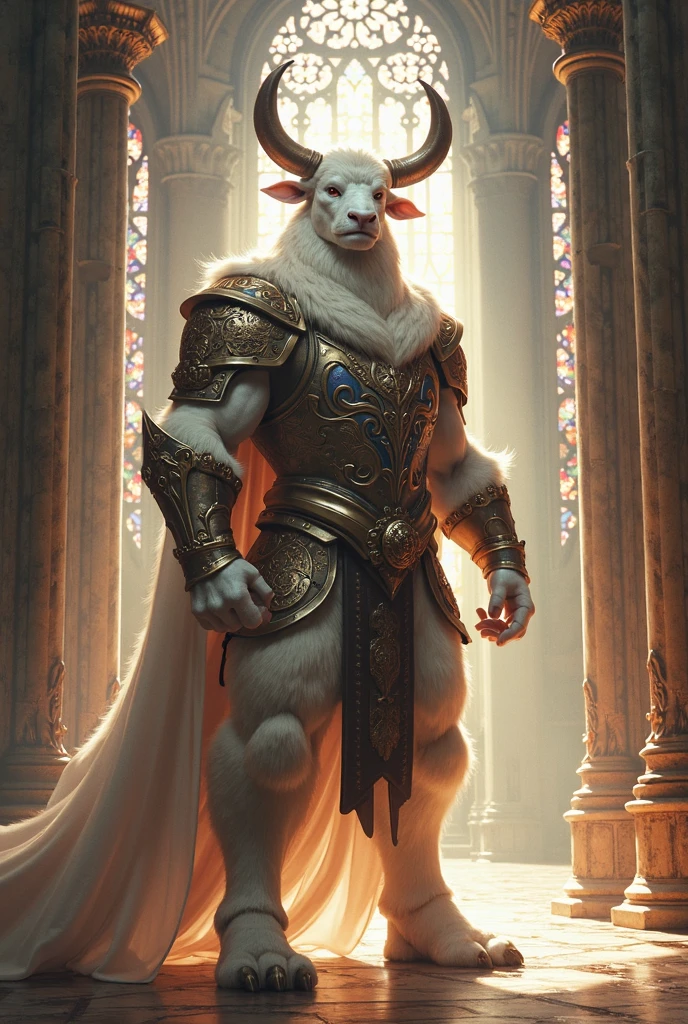 Create an image for me of a goat all muscled up in the clothes of a god wearing a light blue cape with two pennants lying on the floor, one red and one green, and on the goat&#39;s chest that says LX SUP 