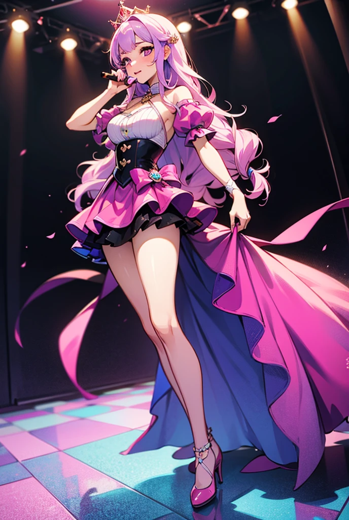 Adult female,Purple long hair,((Right eye is purple、The left eye is deep pink)),White shirt,((Arm twisted)),corset,skirt,High heels,Simple white background,(((Standing straight and looking at me))),((Pose with the soles of your feet on the ground)),(((whole body)))